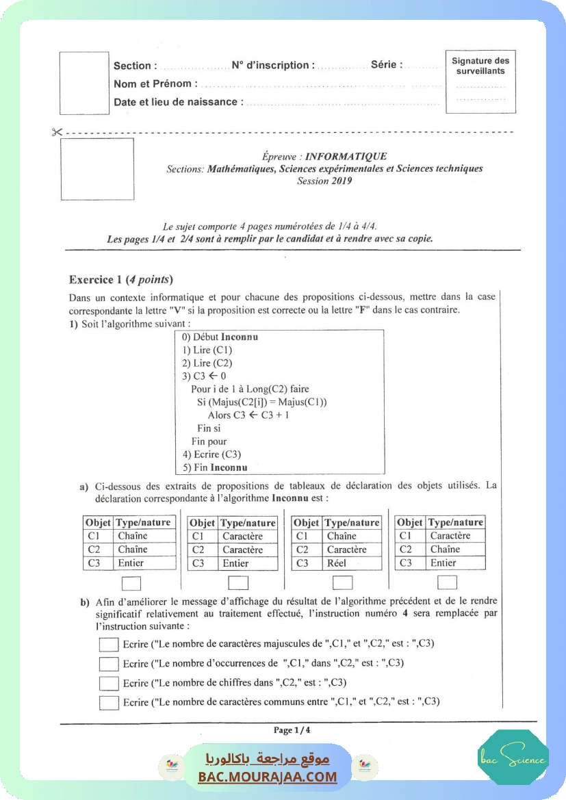 Sujet principale info Bac 2019 – Section science